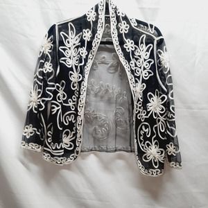 Weavz Black Sheer Open Cardigan Shrug White Ribbon leaves floral design READ